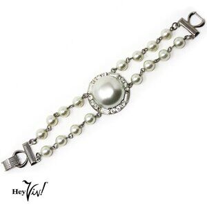 Vintage 2 Strand Pearl & Rhinestone Bracelet - Elegant Statement Style